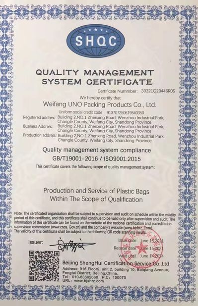 China WEIFNAG UNO PACKING PRODUCTS CO.,LTD Certificaciones