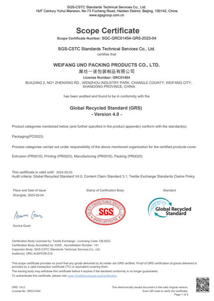 Porcelana WEIFANG UNO PACKING PRODUCTS CO.,LTD certificaciones