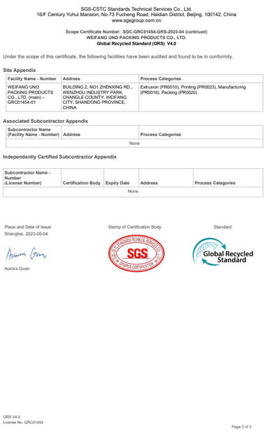 Porcelana WEIFANG UNO PACKING PRODUCTS CO.,LTD certificaciones